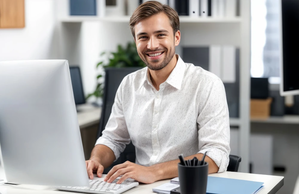 Ein Geschäftsmann im Büro arbeitet an einem Laptop